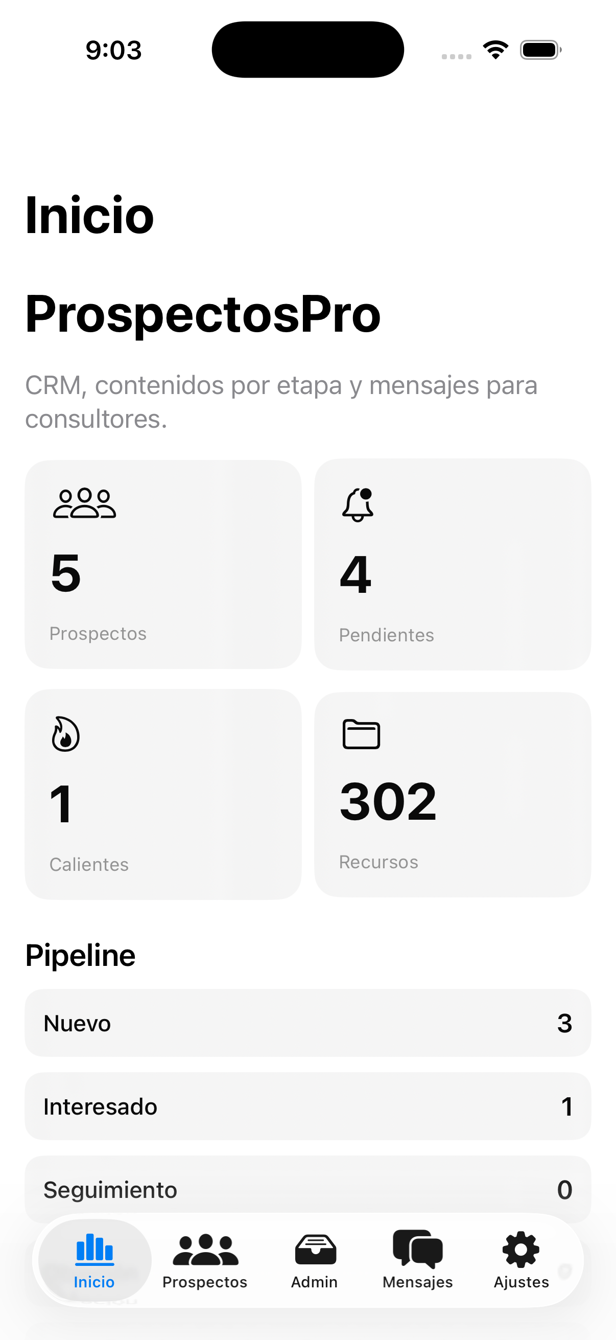 Pantalla Inicio de ProspectosPro en iPhone