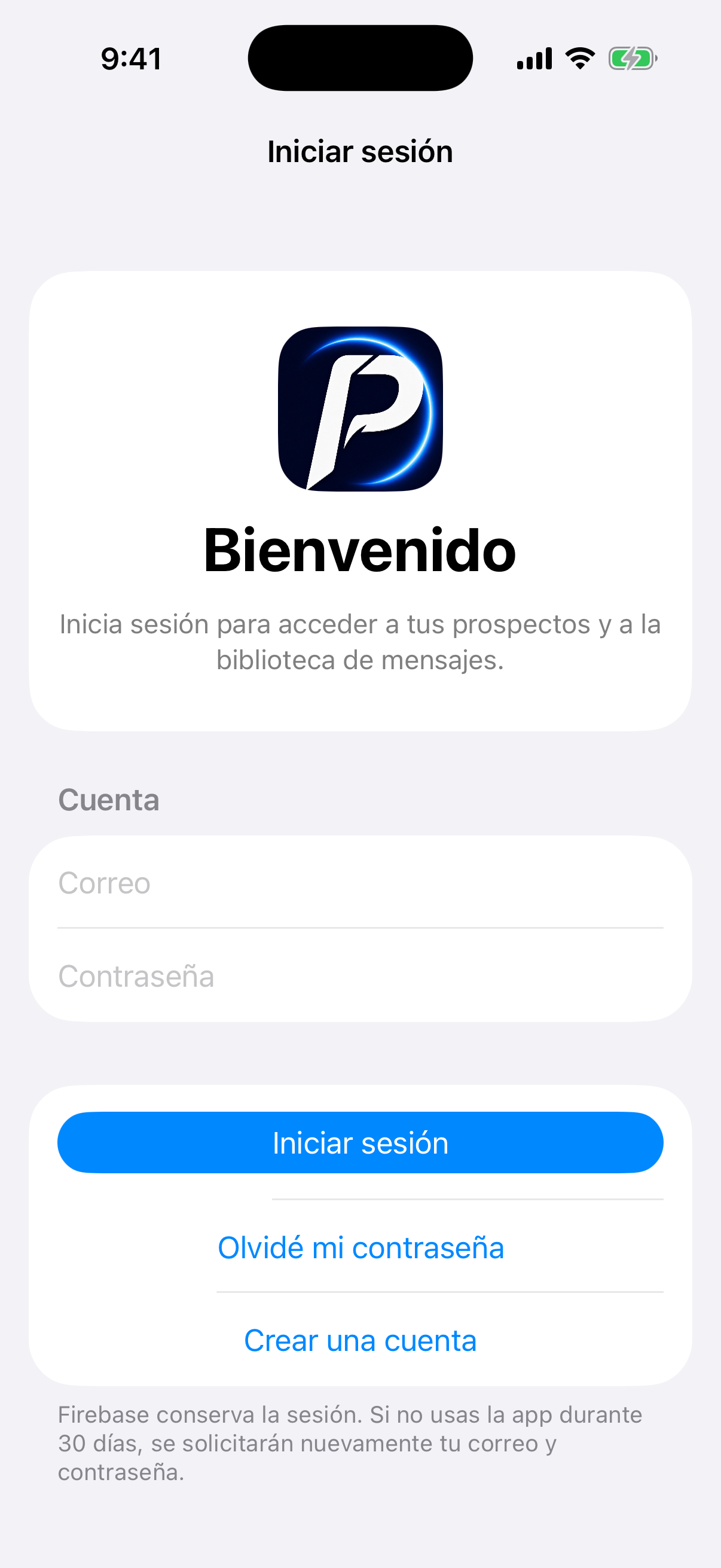 Pantalla de inicio de sesión de ProspectosPro en iPhone